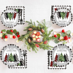 175 Pcs Christmas Tree Party Plates Napkins Christmas Black White Buffalo Plaid Theme Tableware Set,paper Cups,3 Piece Cutlery Set - thumbnail 2