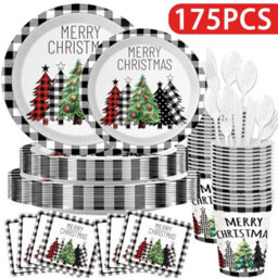 175 Pcs Christmas Tree Party Plates Napkins Christmas Black White Buffalo Plaid Theme Tableware Set,paper Cups,3 Piece Cutlery Set