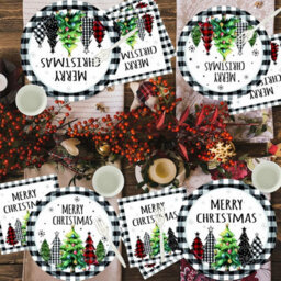 175 Pcs Christmas Tree Party Plates Napkins Christmas Black White Buffalo Plaid Theme Tableware Set,paper Cups,3 Piece Cutlery Set - thumbnail 5
