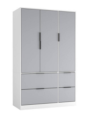 Urbn-Living Urbnliving 3 Door Wardrobe With 4 Drawers Wooden Bedroom Storage Cupboard With Hanging Rail For Clothes - White Unit & Grey Door - image 1