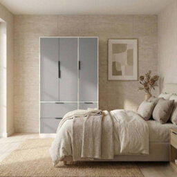 Urbn-Living Urbnliving 3 Door Wardrobe With 4 Drawers Wooden Bedroom Storage Cupboard With Hanging Rail For Clothes - White Unit & Grey Door - thumbnail 3