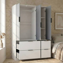 Urbn-Living Urbnliving 3 Door Wardrobe With 4 Drawers Wooden Bedroom Storage Cupboard With Hanging Rail For Clothes - White Unit & Grey Door - thumbnail 5