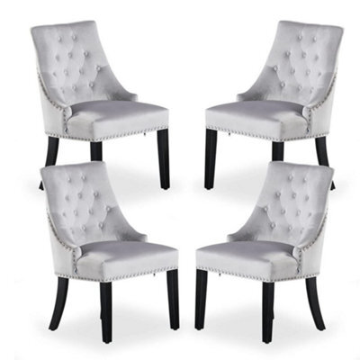 Life Interiors Set Of 4 Light Grey Velvet Dining Chairs Ergonomic Scoop Knockerback & Button Tufted Wood Legs - image 1
