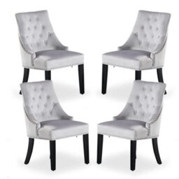 Life Interiors Set Of 4 Light Grey Velvet Dining Chairs Ergonomic Scoop Knockerback & Button Tufted Wood Legs