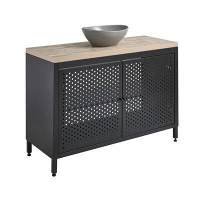 Homestylestore 1200mm Black Metal Floorstanding Bathroom Vanity Unit Light Oak Countertop And Oval Pebble Basin - image 1