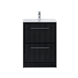 Royal Bathrooms Livora 600mm Black Woodgrain Floor Standing Bathroom Vanity Unit 2 Drawer Storage Cabinet With Ceramic Basin - thumbnail 5