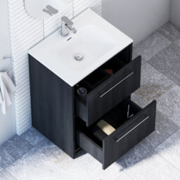 Royal Bathrooms Livora 600mm Black Woodgrain Floor Standing Bathroom Vanity Unit 2 Drawer Storage Cabinet With Ceramic Basin - thumbnail 4