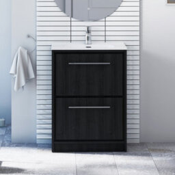 Royal Bathrooms Livora 600mm Black Woodgrain Floor Standing Bathroom Vanity Unit 2 Drawer Storage Cabinet With Ceramic Basin