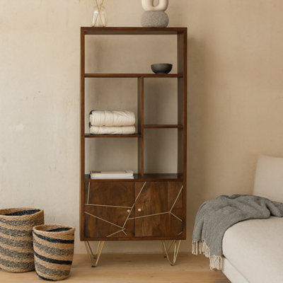 Wyld Haus Bandung Dark Mango Wood & Gold Large Bookcase 2 Doors 5 Shelves - image 1