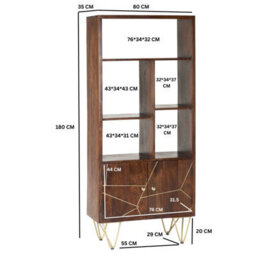 Wyld Haus Bandung Dark Mango Wood & Gold Large Bookcase 2 Doors 5 Shelves - thumbnail 3
