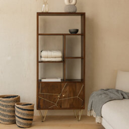 Wyld Haus Bandung Dark Mango Wood & Gold Large Bookcase 2 Doors 5 Shelves - thumbnail 1