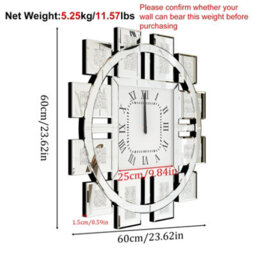 Artloge Silver 60Cm Wall Clock Crushed Crystal Diamond Mirror Jewel Art Decorative Clock - thumbnail 2