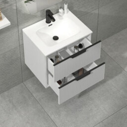 Royal Bathrooms Evora 700mm Matt White Fluted Wall Hung Bathroom Vanity Unit 2 Drawer With Ceramic Basin & Matt Black Handles - thumbnail 4