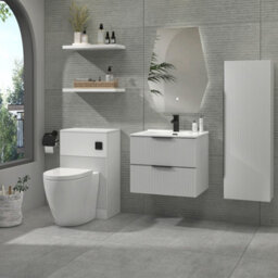 Royal Bathrooms Evora 700mm Matt White Fluted Wall Hung Bathroom Vanity Unit 2 Drawer With Ceramic Basin & Matt Black Handles - thumbnail 3