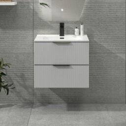 Royal Bathrooms Evora 700mm Matt White Fluted Wall Hung Bathroom Vanity Unit 2 Drawer With Ceramic Basin & Matt Black Handles - thumbnail 1