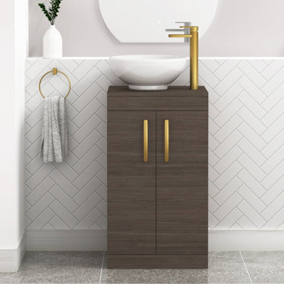 Royal Bathrooms 500mm Floor Standing Vanity Unit 2 Door Grey Elm & Countertop Basin - Breeze With Brushed Brass Handle - image 1