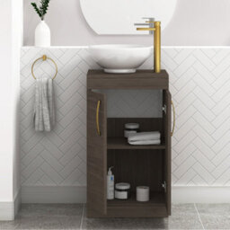 Royal Bathrooms 500mm Floor Standing Vanity Unit 2 Door Grey Elm & Countertop Basin - Breeze With Brushed Brass Handle - thumbnail 3