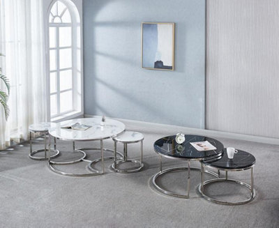 Mihomeuk Lara Black Marble Round Nest Of Coffee Tables With Chrome Silver Legs - image 1