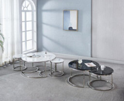 Mihomeuk Lara Black Marble Round Nest Of Coffee Tables With Chrome Silver Legs