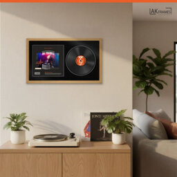 "30X17"" Oak Sleek Vinyl Record Frame With Black Mount For 12 Inch Lp Album Cover & Disc - Ak Frames" - thumbnail 5