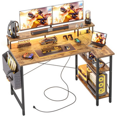 Bexevue Brown L-Shaped Gaming Desk With Power Outlets And Led, 120X70Cm Computer Desk Table With Reversible Storage Shelves - image 1