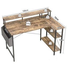 Bexevue Brown L-Shaped Gaming Desk With Power Outlets And Led, 120X70Cm Computer Desk Table With Reversible Storage Shelves - thumbnail 6