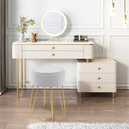 Modern Round Velvet Footrest Stool Dressing Upholstered Vanity Ottoman - thumbnail 4