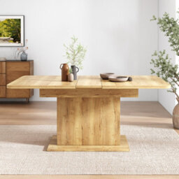 Abrihome Extendable Oak Dining Table With Storage Modern Simple Iron Frame Space-Saving Multifunctional Design, Oak