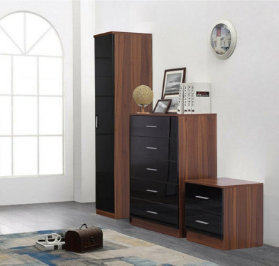 Reflect 1 Door Plain Wardrobe, 5 Drawer Chest, 2 Drawer Bedside - Black Gloss & Walnut - Bedroom Furniture Set - image 1