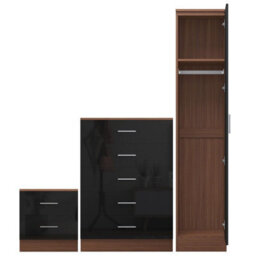 Reflect 1 Door Plain Wardrobe, 5 Drawer Chest, 2 Drawer Bedside - Black Gloss & Walnut - Bedroom Furniture Set - thumbnail 5
