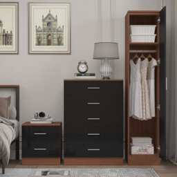 Reflect 1 Door Plain Wardrobe, 5 Drawer Chest, 2 Drawer Bedside - Black Gloss & Walnut - Bedroom Furniture Set - thumbnail 4