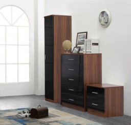 Reflect 1 Door Plain Wardrobe, 5 Drawer Chest, 2 Drawer Bedside - Black Gloss & Walnut - Bedroom Furniture Set