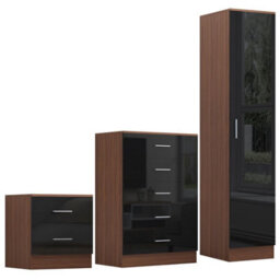 Reflect 1 Door Plain Wardrobe, 5 Drawer Chest, 2 Drawer Bedside - Black Gloss & Walnut - Bedroom Furniture Set - thumbnail 6