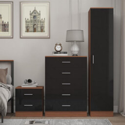 Reflect 1 Door Plain Wardrobe, 5 Drawer Chest, 2 Drawer Bedside - Black Gloss & Walnut - Bedroom Furniture Set - thumbnail 3
