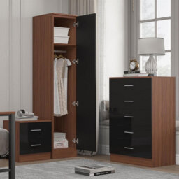 Reflect 1 Door Plain Wardrobe, 5 Drawer Chest, 2 Drawer Bedside - Black Gloss & Walnut - Bedroom Furniture Set - thumbnail 2