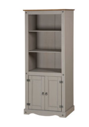 Mercers Furniture Corona Grey Wax 2 Door Bookcase 3 Shelf Display Cabinet Cupboard Solid Wood Pine Wooden Painted Mexican Styling - thumbnail 4