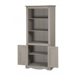 Mercers Furniture Corona Grey Wax 2 Door Bookcase 3 Shelf Display Cabinet Cupboard Solid Wood Pine Wooden Painted Mexican Styling - thumbnail 2