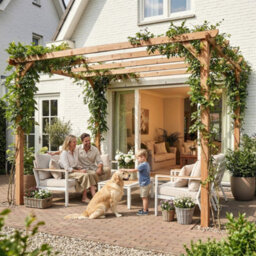 Outsunny 3X3 M Garden Wooden Pergola Gazebo Grape Trellis, Maple Wood-Effect