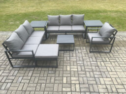 Fimous Aluminium 8 Seater Outdoor Garden Furniture Lounge Sofa Set With Square Coffee Table Chair Footstool 2 Side Tables - thumbnail 2