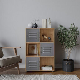Urbn-Living Urbnliving 91Cm Height 6 Cube Bookcase Grey Metal Door Display Storage Unit Shelving Cupboard Oak