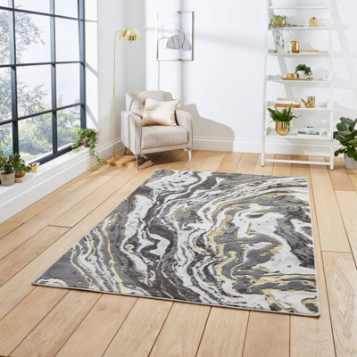 Grey Gold Abstract Modern Easy To Clean Rug For Dining Room-120Cm X 170Cm - image 1