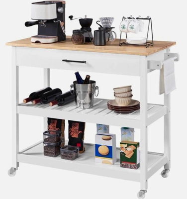 Kitchen Island Cart Rolling Storage Trolley W/drawer 3 Shelves Wood Top, White - image 1