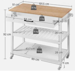 Kitchen Island Cart Rolling Storage Trolley W/drawer 3 Shelves Wood Top, White - thumbnail 3