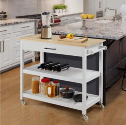 Kitchen Island Cart Rolling Storage Trolley W/drawer 3 Shelves Wood Top, White - thumbnail 2