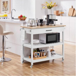 Kitchen Island Cart Rolling Storage Trolley W/drawer 3 Shelves Wood Top, White - thumbnail 5