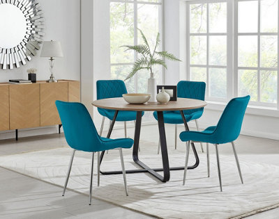 Furniturebox Uk Santorini Brown Round Round Dining Table And 4 Blue Pesaro Silver Leg Chairs - image 1