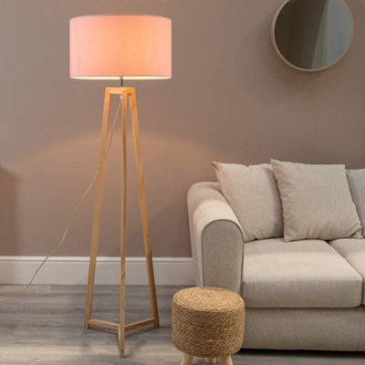 Valuelights Lottie Natural Wood Tripod Floor Lamp With Blush Pink Drum Shade - image 1