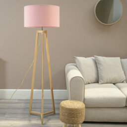 Valuelights Lottie Natural Wood Tripod Floor Lamp With Blush Pink Drum Shade - thumbnail 3