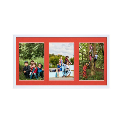 AK Frames 40X20Cm White Sleek Multi Photo Frame With Poppy Red Mount - Holds 3 Apertures (3X) 6X4 Photos - image 1