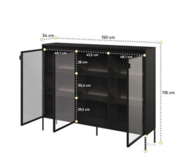 Arte Trend Tr-08 Display Cabinet In Black Matt - Contemporary Design With Glassed Doors & Push-To-Open - W1500mm X H1180mm X D340mm - thumbnail 3